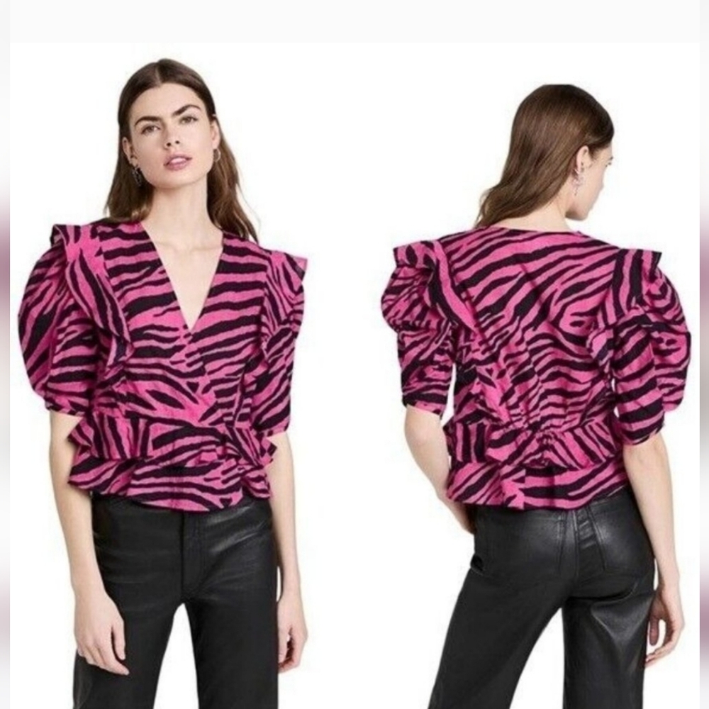Anthropologie Rahi Ruffle Diana Top Hot Pink/Black Barbiecore‎ Size S Small